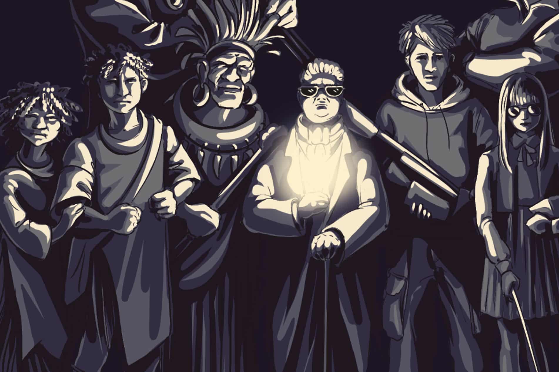 a group of people with a flashlight